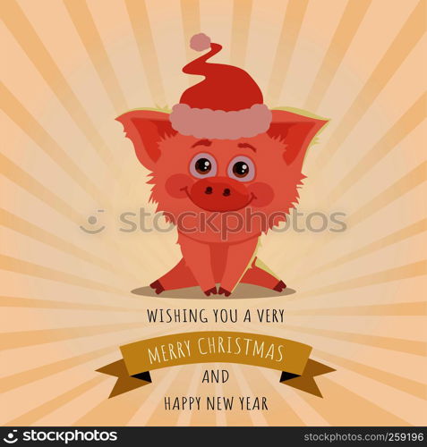 Little new year piggy with Christmas Santa?s Red Cap. The year of pig Vector. Chinese symbol of the 2019. Excellent festive gift card. Illustration on yellow background
