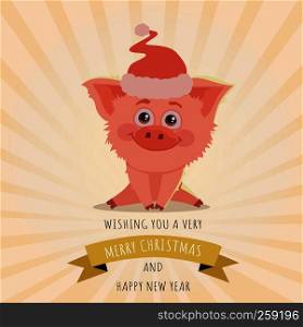 Little new year piggy with Christmas Santa?s Red Cap. The year of pig Vector. Chinese symbol of the 2019. Excellent festive gift card. Illustration on yellow background