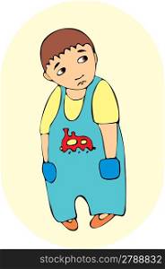 little offended boy in blue overalls