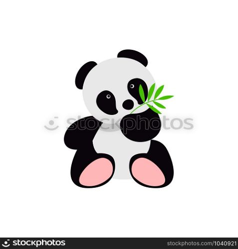 Little panda bear with bamboo isolated on white background.