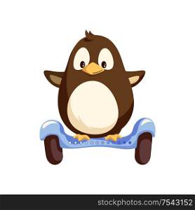 Little penguin balancing on blue segway with big wheels vector. Running animal on modern transport. Eco scooter in flat style isolated on white vector. Penguin Balancing on Blue Segway Vector Isolated