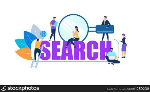 Little People Characters Around of Big Purple Word Search Isolated on White Background. Climbing Guy. Young Businessman Holding Magnifier, Women Using Gadgets. Cartoon Flat Vector Illustration.. People Characters Around of Big Purple Word Search