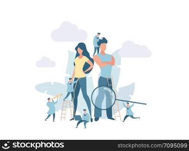 Little people explore a big man and woman. Modern flat vector illustration for presentation.