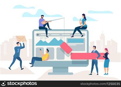Little People Move at Huge Monitor. Work Meeting Improve Business Process. Manager Analyze Information, Man Draw Bar Graph on Monitor. Team do Optimisation Brainstorm. Cartoon Flat Vector Illustration. Work Meeting Improve Business Process Optimisation