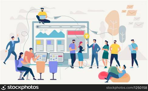 Little People Moving at Huge Monitor with Graphs and Charts. Freelance Group of Coworkers Work Together by Gadgets. Man Doing Presentation. Guy on Beanbag Chair. Cartoon Flat Vector Illustration. Little People Moving at Huge Monitor with Graphs