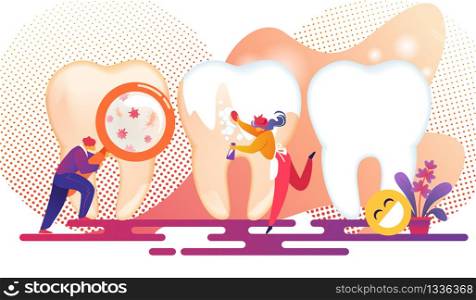 Little People Treating Huge Human Teeth. Man Looking Through Magnifier Glass at Microbes, Woman Cleaning Tooth with Foamy Brush. Denistry, Stomatology Human Characters Cartoon Flat Vector Illustration. Little People Treating Huge Human Teeth. Denistry.