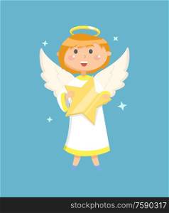 Little person with wings and nimbus holding big glossy star, portrait view of flying angelic character in white clothes, blue background with kid vector. Angel Holding Star, Flying Little Person Vector