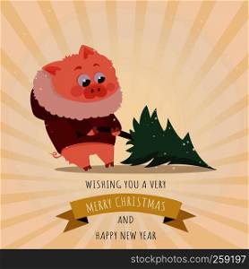 Little piggy with Christmas Santa?s Red Cap and new year tree. The year of pig Vector. Chinese symbol of the 2019. Excellent festive gift card. Illustration on yellow background