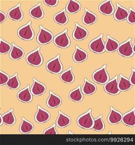 Little pink figs random ornament seamless pattern. Abstract food backdrop with pastel orange background. Designed for fabric design, textile print, wrapping, cover. Vector illustration.. Little pink figs random ornament seamless pattern. Abstract food backdrop with pastel orange background.