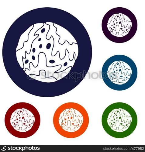 Little planet icons set in flat circle red, blue and green color for web. Little planet icons set