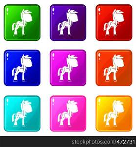 Little pony icons of 9 color set isolated vector illustration. Little pony icons 9 set