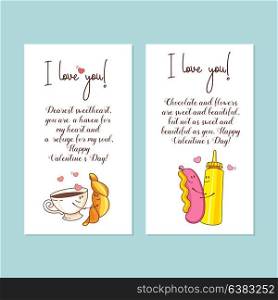 Little postcards. Vector greeting cards about love. With Valentine&rsquo;s day. Cute cartoon concept about love. Coffee and a croissant, sausage and mustard.