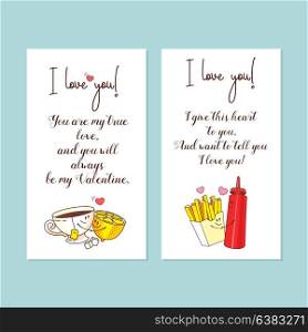 Little postcards. Vector greeting cards about love. With Valentine&rsquo;s day. Cute cartoon concept about love. Tea and lemon, French fries and ketchup.