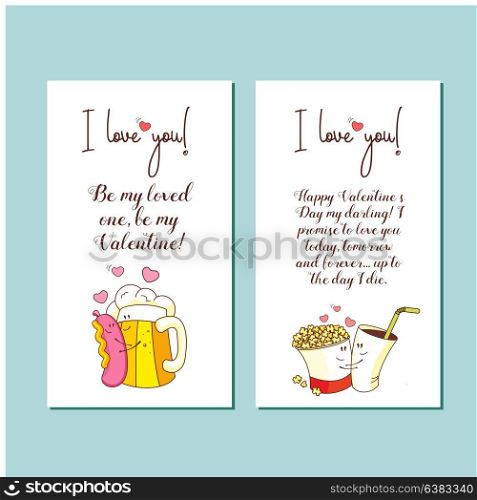 Little postcards. Vector greeting cards about love. With Valentine&rsquo;s day. Cute cartoon concept about love. Sausage with mustard and a mug of beer, popcorn and Cola.