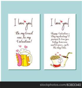 Little postcards. Vector greeting cards about love. With Valentine&rsquo;s day. Cute cartoon concept about love. Sausage with mustard and a mug of beer, popcorn and Cola.