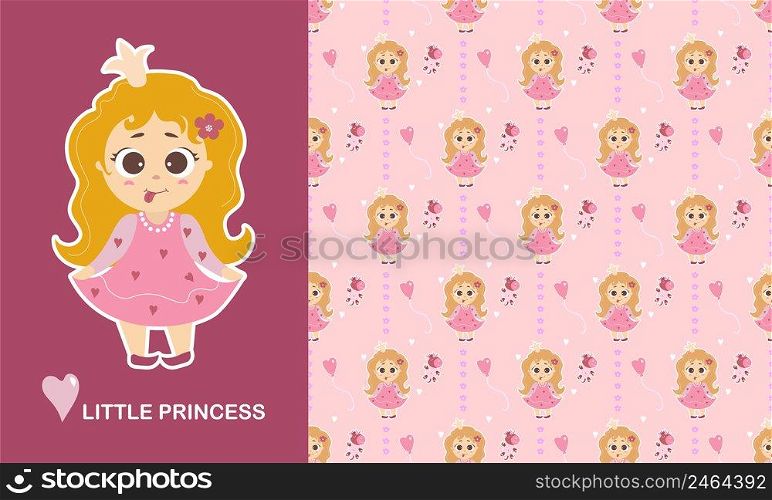 Little princess character and seamless pattern. Cute Girl with her tongue hanging out and long hair, unicorn toy, flowers and a heart on a pink background. Vector. Kids collection for design, textile