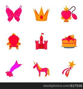 Little princess equipment icons set. Cartoon set of 9 little princess equipment vector icons for web isolated on white background. Little princess equipment icons set, cartoon style