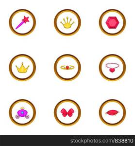 Little princess icons set. Cartoon style set of 9 little princess vector icons for web design. Little princess icons set, cartoon style