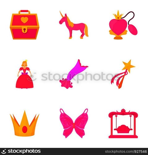 Little princess kit icons set. Cartoon set of 9 little princess kit vector icons for web isolated on white background. Little princess kit icons set, cartoon style