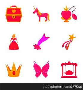 Little princess kit icons set. Cartoon set of 9 little princess kit vector icons for web isolated on white background. Little princess kit icons set, cartoon style