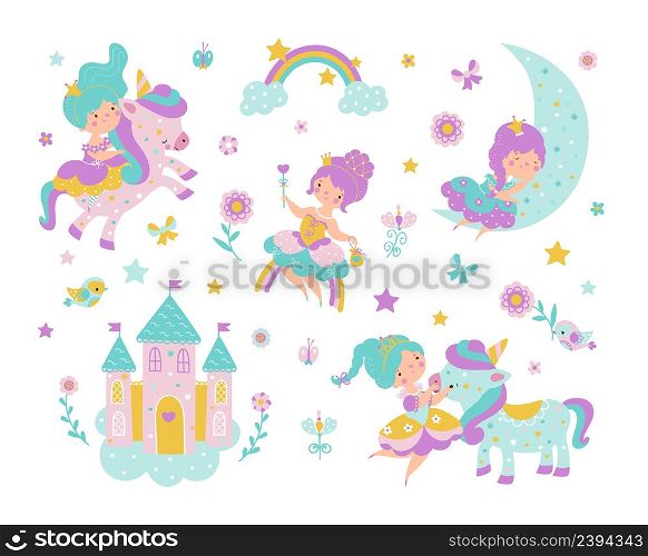 Little princess life. Cute princesses and castle, rainbow and moon. Cartoon fairy tale characters with unicorns. Magic t-shirt print, nowaday kids vector set. Illustration of cute princess background. Little princess life. Cute princesses and castle, rainbow and moon. Cartoon fairy tale characters with unicorns. Magic t-shirt print, nowaday kids vector set