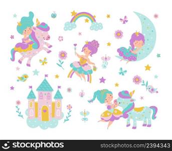 Little princess life. Cute princesses and castle, rainbow and moon. Cartoon fairy tale characters with unicorns. Magic t-shirt print, nowaday kids vector set. Illustration of cute princess background. Little princess life. Cute princesses and castle, rainbow and moon. Cartoon fairy tale characters with unicorns. Magic t-shirt print, nowaday kids vector set
