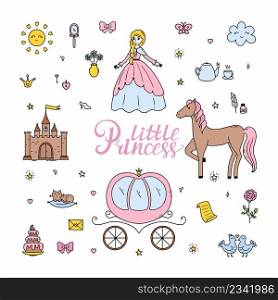 Little princess. Set of stickers for girl. Magic horse and carriage. Fashion accessories. Vector doodle illustration.