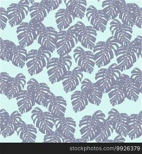 Little purple random monstera ornament seamless pattern. Light pastel blue background. Great for fabric design, textile print, wrapping, cover. Vector illustration.. Little purple random monstera ornament seamless pattern. Light pastel blue background.