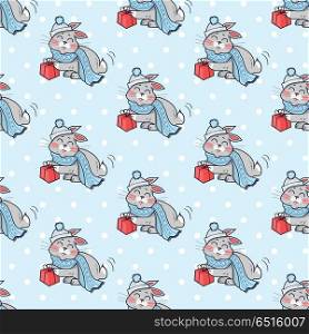 Little Rabbit with Present Box Seamless Pattern.. Little rabbit with present box seamless pattern. Endless texture with funny bunny wearing blue scarf. Wallpaper design with cartoon character. Small hare in flat style design. Vector illustration