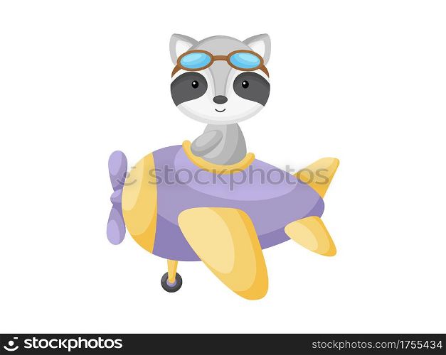 Little raccoon wearing aviator goggles flying an airplane. Funny baby character flying on plane for greeting card, baby shower, birthday invitation, house interior. Isolated vector illustration