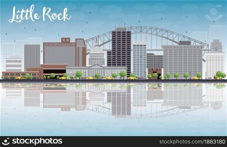 Little Rock Skyline with Grey Building, Blue Sky and reflections. Vector Illustration