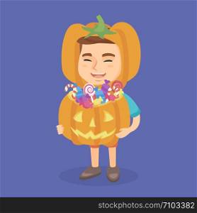 Little smiling caucasian boy in a halloween costume holding a basket from pumpkin for candies. Cheerful boy with sweets in pumpkin basket on Halloween. Vector cartoon illustration. Square layout.. Boy in a halloween costume with pumpkin basket.