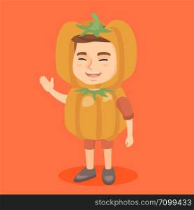 Little smiling caucasian boy in a pumpkin costume ready for halloween. Cheerful boy in a halloween pumpkin costume waving his hand. Vector cartoon illustration. Square layout.. Caucasian boy in a halloween pumpkin costume.