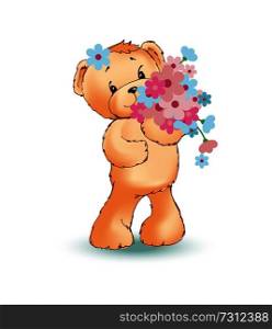 Little soft toy bear with big bouquet of wild colorful flowers in paws and on in head isolated cartoon flat vector illustration on white background.. Little Toy Bear with Big Bouquet of Wild Flowers