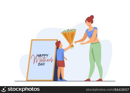 Little son giving flowers to young mother. Gift, parent, child flat vector illustration. Holiday, parenthood and family concept for banner, website design or landing web page