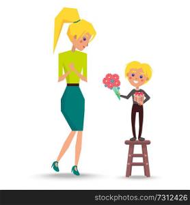 Little son stands on stool, holds bouquet and box with bow and greets his mother with Womens Day. Family members vector illustration.. Son Greets Mother with Womens Day Illustration