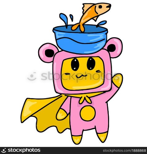 little superhero is carrying fish in bowl. cartoon illustration sticker mascot emoticon