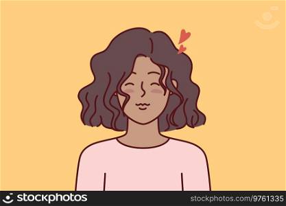 Little teen girl has romantic feelings and closes eyes, dreaming of loving boyfriend or big family. African american ethnic teenager girl with hearts near head symbolizing love and romance. Little teen girl has romantic feelings and closes eyes, dreaming of loving boyfriend or big family