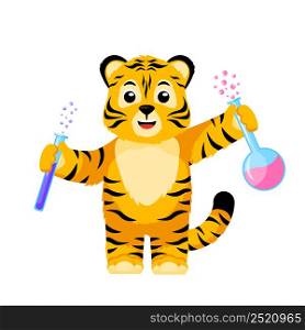 Little Tiger scientist isolated. Cute character cartoon striped tiger teacher chemistry. Vector design for print, children decor, book illustration. Funny animals sticker for showing emotion.. Little Tiger scientist isolated. Cute character cartoon striped tiger teacher chemistry.