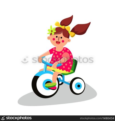 Little Toddler Girl Riding Tricycle Bike Vector. Character Happy Smiling Small Child With Flower In Brunette Hair And Pigtails Ride Tricycle Childhood Transport. Flat Cartoon Illustration. Little Toddler Girl Riding Tricycle Bike Vector