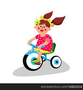 Little Toddler Girl Riding Tricycle Bike Vector. Character Happy Smiling Small Child With Flower In Brunette Hair And Pigtails Ride Tricycle Childhood Transport. Flat Cartoon Illustration. Little Toddler Girl Riding Tricycle Bike Vector
