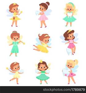 Little tooth fairy. Kids sorceress characters collection, small cute elf girl with wings, fabulous princesses with magic wands and crowns. Flying fairytale girls with teeth vector cartoon isolated set. Little tooth fairy. Kids sorceress characters, small cute elf girl with wings, fabulous princesses with magic wands and crowns. Flying fairytale girls with teeth vector cartoon isolated set