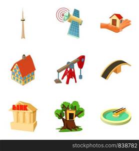 Little town icons set. Cartoon set of 9 little town vector icons for web isolated on white background. Little town icons set, cartoon style