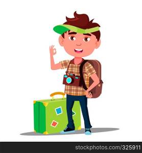 Little Traveler Boy With Suitcase, Cap On His Head And Camera On His Chest Vector. Illustration. Little Traveler Boy With Suitcase, Cap On His Head And Camera On His Chest Vector. Isolated Illustration