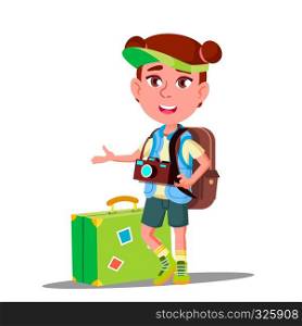 Little Traveler Girl With Suitcase, Cap On His Head And Camera On His Chest Vector. Illustration. Little Traveler Girl With Suitcase, Cap On His Head And Camera On His Chest Vector. Isolated Illustration