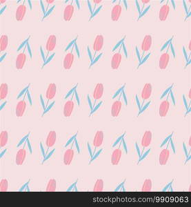 Little tulip flower silhouettes seamless pattern. Doodle simple ornament on light pink background. Perfect for wallpaper, textile, wrapping paper, fabric print. Vector illustration.. Little tulip flower silhouettes seamless pattern. Doodle simple ornament on light pink background.