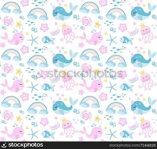 Little whale unicorn, seamless pattern, modern cartoon style. Vector illustration. Little whale unicorn, seamless pattern, modern cartoon style. Vector illustration.