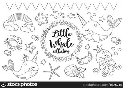 Little whale unicorn set Coloring book page for kids. Collection of design element sketch outline style. Kids baby clip art funny smiling kit. Vector illustration.. Little whale unicorn set Coloring book page for kids. Collection of design element sketch outline style. Kids baby clip art funny smiling kit. Vector illustration