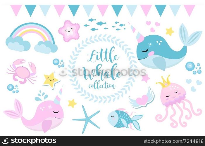 Little whale unicorn set, modern cartoon style. Cute and a fantastic collection for children with sea inhabitants, fish, underwater, jellyfish, crab, rainbow. Vector illustration.. Little whale unicorn set, modern cartoon style. Cute and a fantastic collection for children with sea inhabitants, fish, underwater, jellyfish, crab, rainbow. Vector illustration
