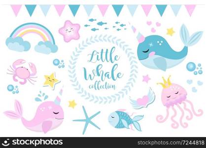 Little whale unicorn set, modern cartoon style. Cute and a fantastic collection for children with sea inhabitants, fish, underwater, jellyfish, crab, rainbow. Vector illustration.. Little whale unicorn set, modern cartoon style. Cute and a fantastic collection for children with sea inhabitants, fish, underwater, jellyfish, crab, rainbow. Vector illustration